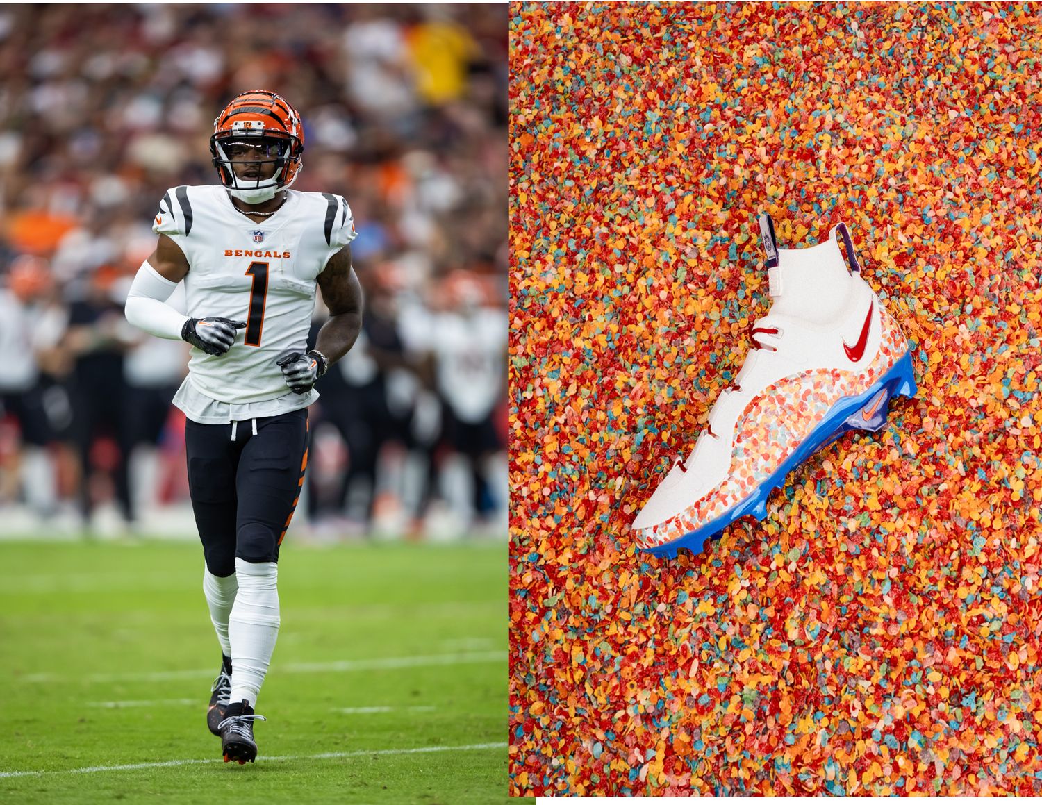Cincinnati Bengals wide receiver Ja'Marr Chase next to white and orange Nike cleats.